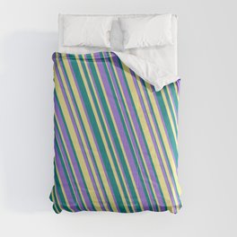 [ Thumbnail: Teal, Purple, and Tan Colored Lines Pattern Comforter ]