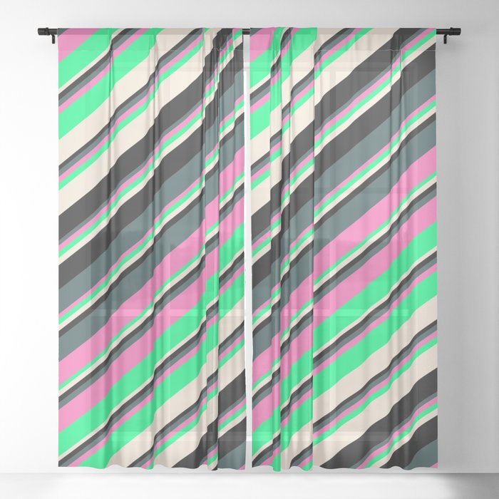 Eyecatching Dark Slate Gray, Hot Pink, Green, Beige, and Black Colored Lines Pattern Sheer Curtain