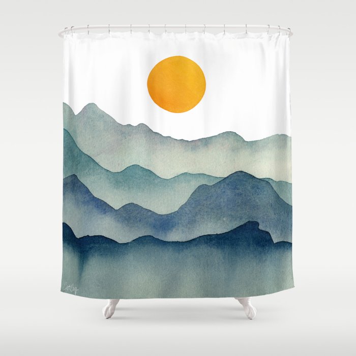 Mountain Range Silhouette – Blue & Yellow Shower Curtain