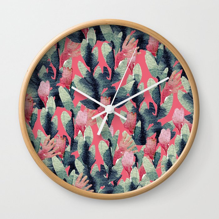Coral Pink Navy Blue Mint Green Watercolor Floral Wall Clock By Pink Water