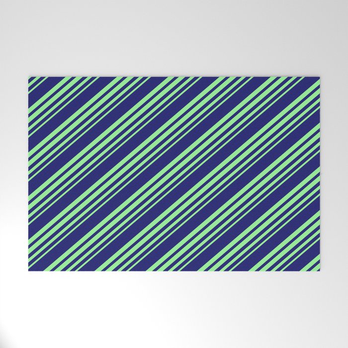Midnight Blue and Green Colored Stripes Pattern Welcome Mat
