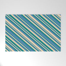 [ Thumbnail: Tan, Teal & Blue Colored Lines/Stripes Pattern Welcome Mat ]