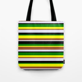[ Thumbnail: Eye-catching Yellow, Sienna, Lavender, Black & Green Colored Striped Pattern Tote Bag ]