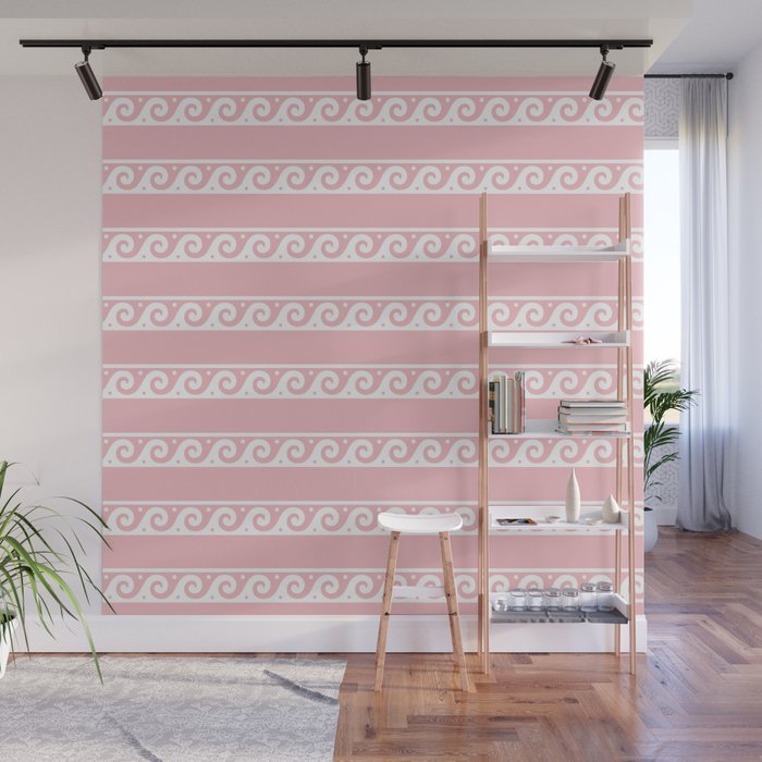 Pink and white Greek wave ornament pattern Wall Mural