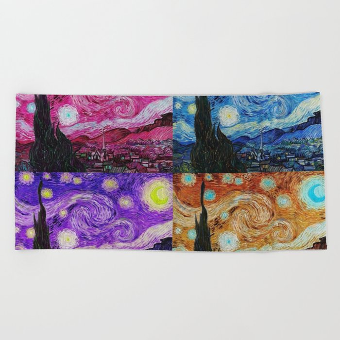 The Starry Night - La Nuit étoilée oil-on-canvas post-impressionist landscape masterpiece painting in alternate four-color collage crimson red, blue, purple, and gold by Vincent van Gogh Beach Towel