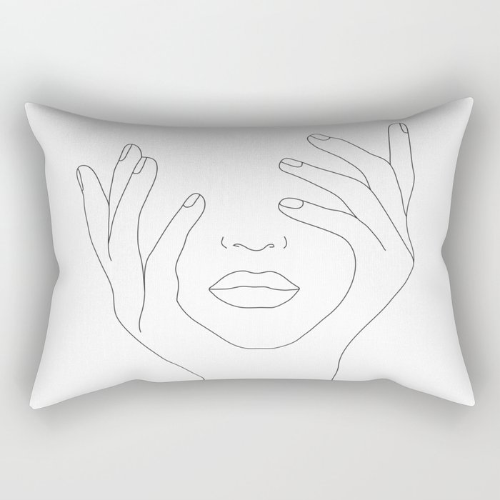 Minimal Line Art Woman With Hands On Face Rectangular Pillow By