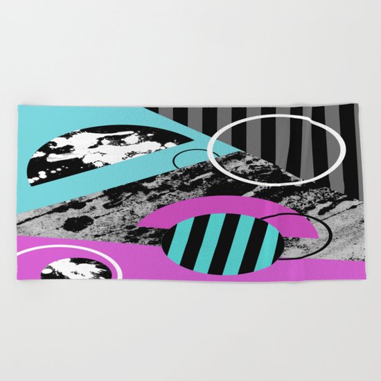 Bits N Pieces III - Abstract, geomtric, random, textured, stripes, black, pink, cyan, artwork Beach Towel