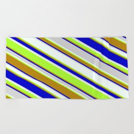[ Thumbnail: Colorful Light Gray, Mint Cream, Light Green, Dark Goldenrod, and Blue Colored Striped/Lined Pattern Beach Towel ]