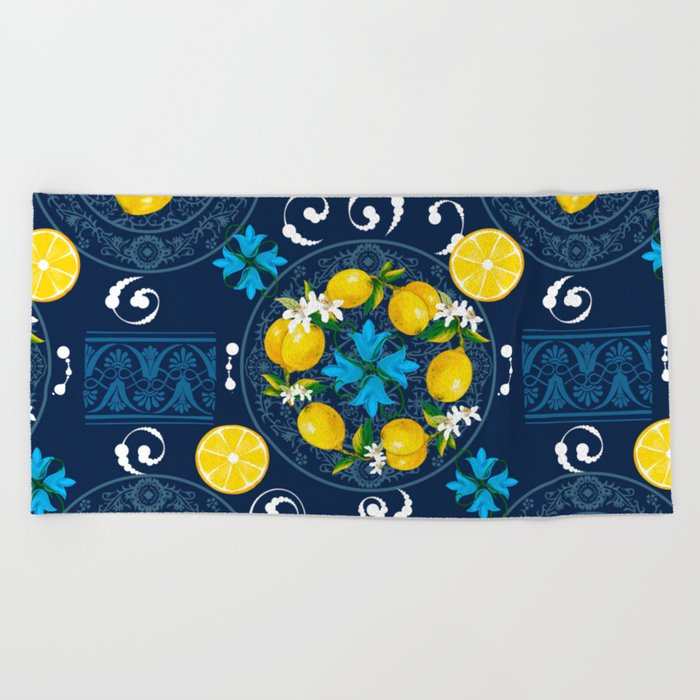 Lemon wreath,majolica Sicilian style art Beach Towel