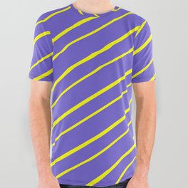 [ Thumbnail: Slate Blue and Yellow Colored Striped Pattern All Over Graphic Tee ]