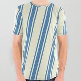 [ Thumbnail: Beige and Blue Colored Pattern of Stripes All Over Graphic Tee ]