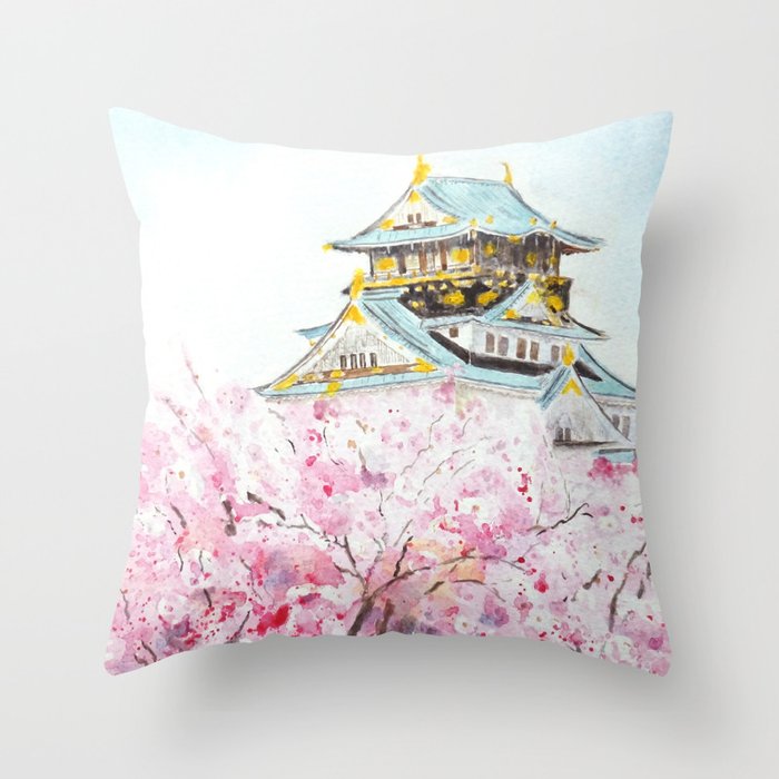 Japan Osaka castle and sakura watercolor painting  Throw Pillow