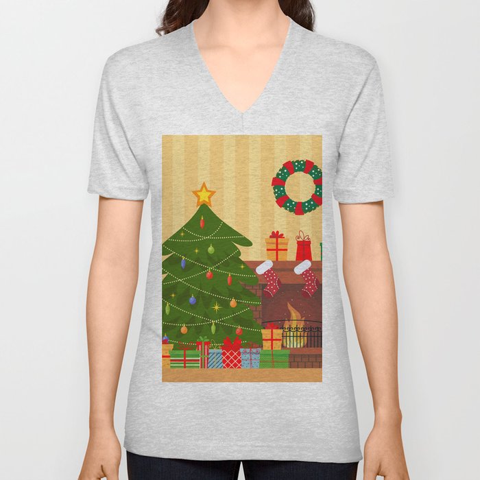 Cozy Living Interior Christmas with Red Sofa, Gifts, and Tree. Vector Flat Style Illustration. V Neck T Shirt