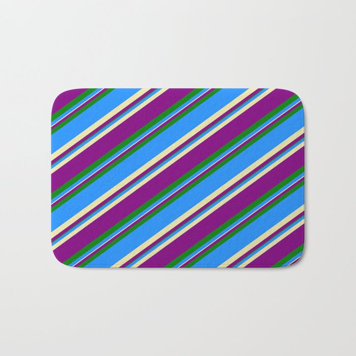 Blue, Pale Goldenrod, Purple & Green Colored Lined/Striped Pattern Bath Mat