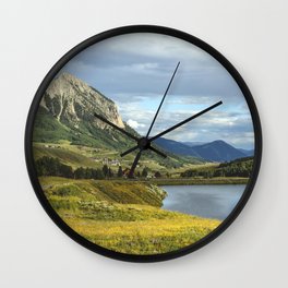 View of Meridian Lake and Mount Crested Butte above the Colorado city of Crested Butte on the high d Wall Clock