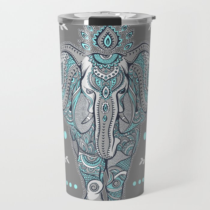 Boho Elephant , Gray Turquoise Travel Mug
