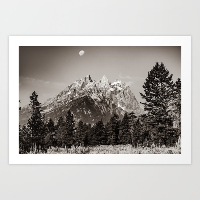 Grand Teton Mountain Peak Landscape Under The Moon - Sepia Edition Art Print