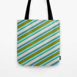 [ Thumbnail: Green, Blue, Light Gray & Turquoise Colored Striped Pattern Tote Bag ]