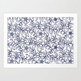 Blue and White Floral Pattern | Flowers | Florals | Navy Blue | Vintage Style | No. 1 Art Print