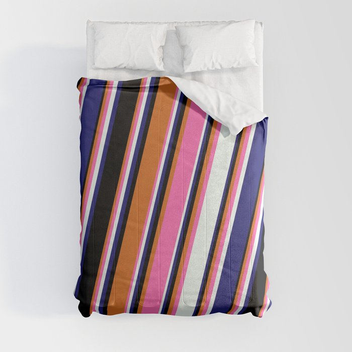 Chocolate, Hot Pink, Mint Cream, Midnight Blue & Black Colored Lines/Stripes Pattern Comforter