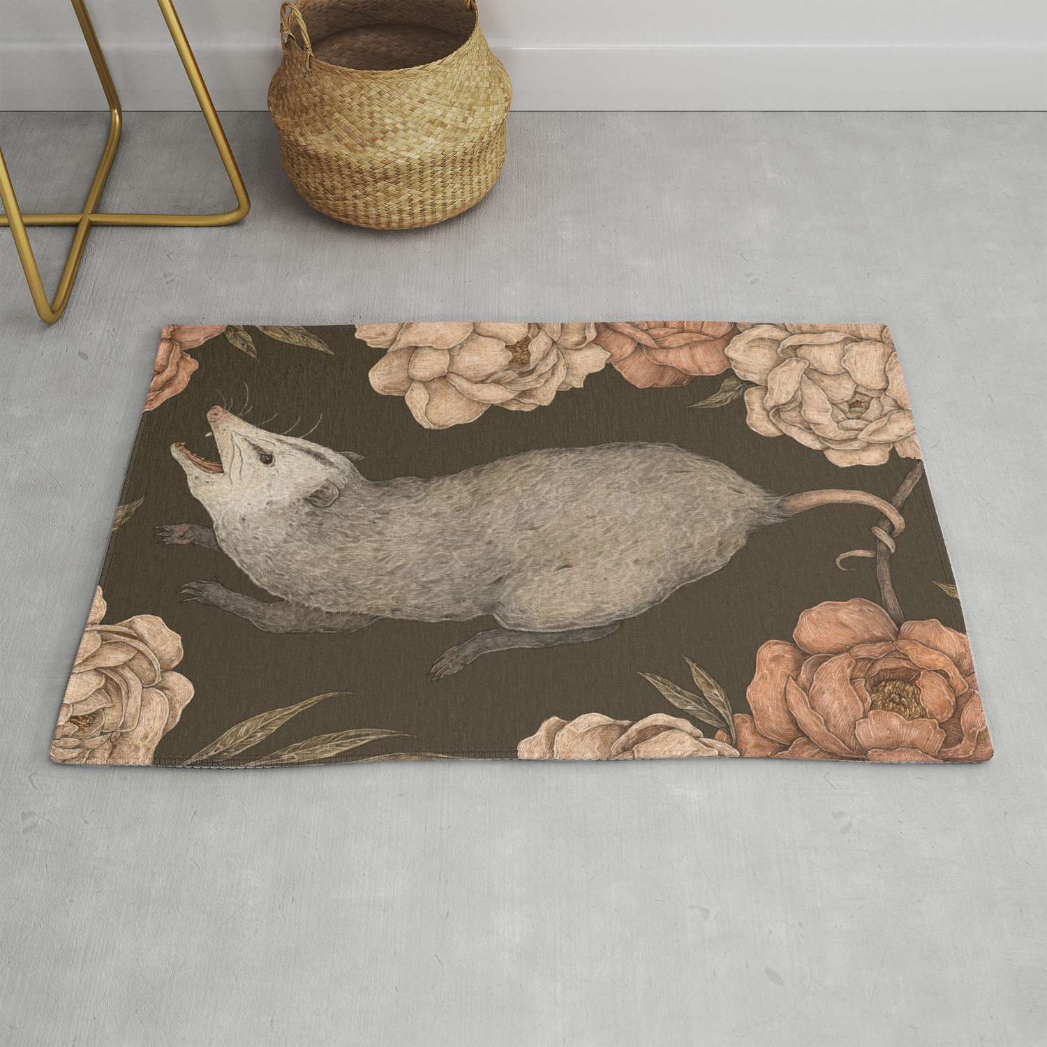 The Opossum And Peonies Rug By Jessica, Society 6 Rugs