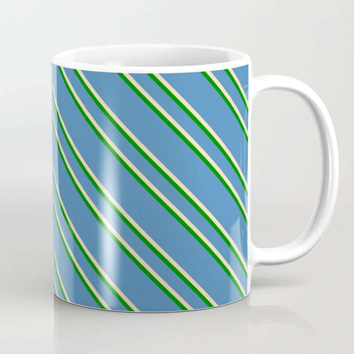 Blue, Tan & Green Colored Striped/Lined Pattern Coffee Mug