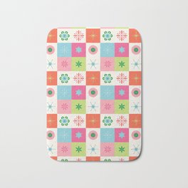 Retro Holiday Checkerboard Bath Mat | Vintage, Pattern, Winter, Ornaments, Stars, Pink, Floral, Digital, Green, Colorful 