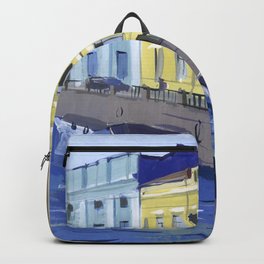 Cityscape of the embankment of the pavement with the river channel. Backpack | Digital, Rowingboats, Pop Art, Colored Pencil, Cityscape, Paintsonpaper, Riverchannel, Vintage, Chalk Charcoal, Graphite 
