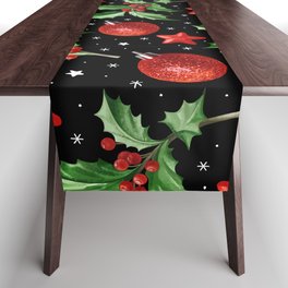 Seamless pattern with Christmas symbol - Holly leaves, snow, stars, balls on black background.  Table Runner