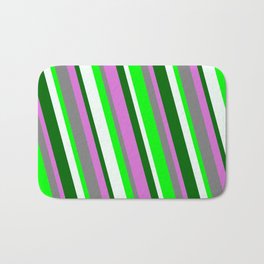 [ Thumbnail: Colorful Orchid, Gray, Lime, Mint Cream, and Dark Green Colored Stripes Pattern Bath Mat ]
