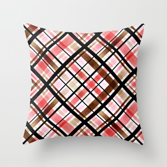 MCM Diagonal Ombré Plaid Pattern // Watercolor Blush Pink Watercolor Brown, Black and White Stripes Throw Pillow