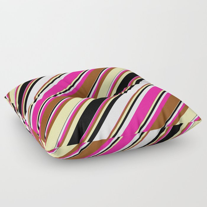 Vibrant Brown, Pale Goldenrod, Black, Mint Cream & Deep Pink Colored Lined/Striped Pattern Floor Pillow