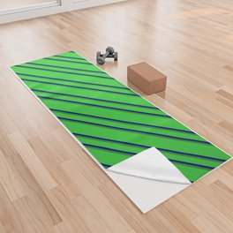 [ Thumbnail: Lime Green, Blue, and Forest Green Colored Lined Pattern Yoga Towel ]