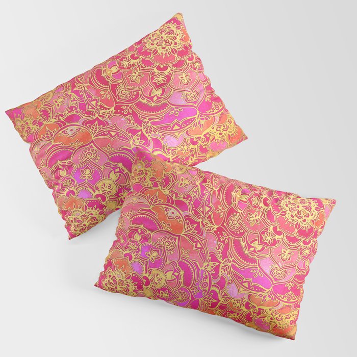 Hot Pink and Gold Baroque Floral Pattern Pillow Sham