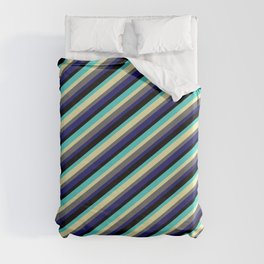 [ Thumbnail: Eyecatching Turquoise, Pale Goldenrod, Dim Gray, Midnight Blue, and Black Colored Striped Pattern Duvet Cover ]