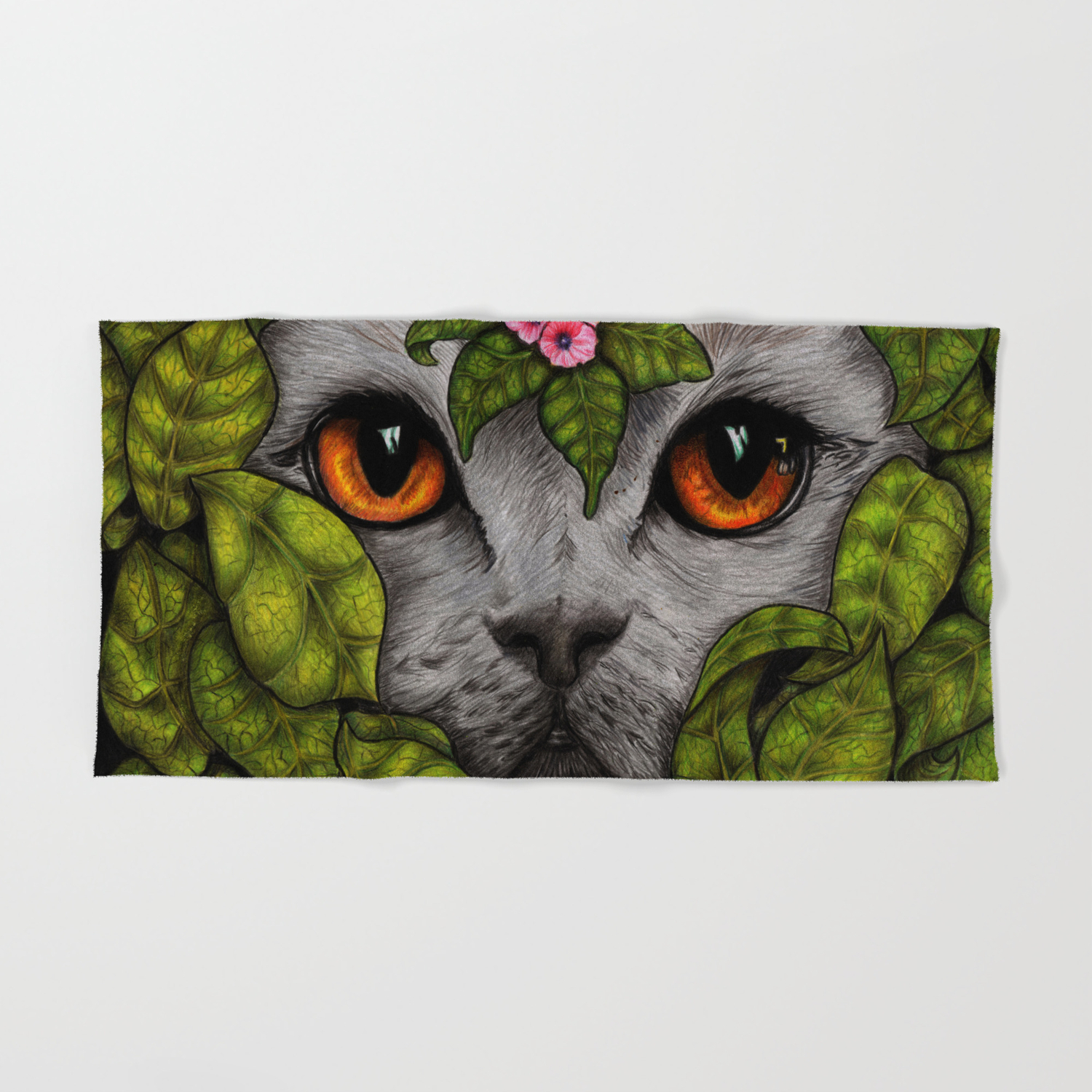Grey Cat Orange Eyes Green Leaves Hand Bath Towel By Candisekatt