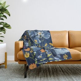 Cyanotype Painting (Hibiscus, Daisies, Cosmos, Ferns, Monarch) Throw Blanket