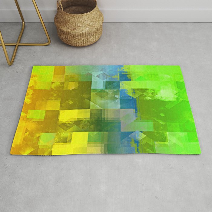 geometric pixel square pattern abstract background in green blue yellow Rug