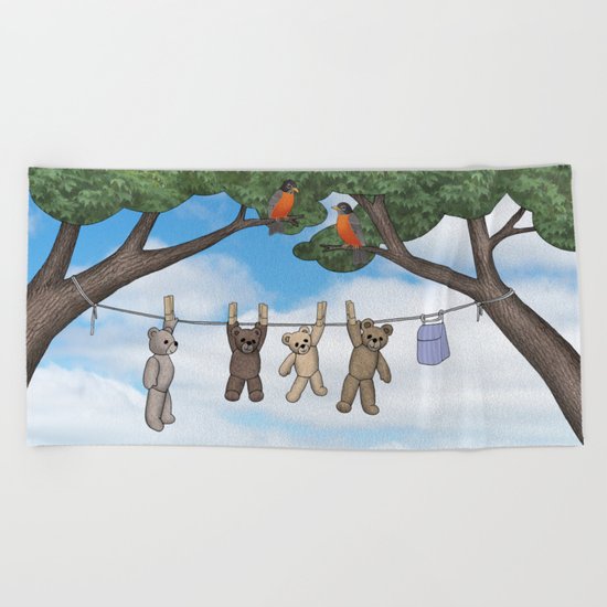 robins, poppies, & teddy bears on the line Beach Towel