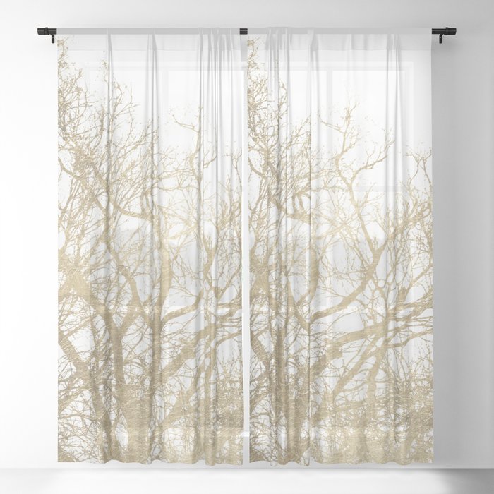 Elegant botanical gold foil tree  branch Sheer Curtain