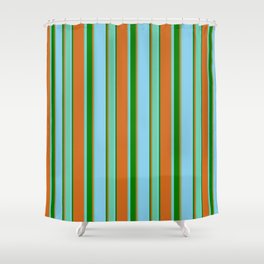 [ Thumbnail: Chocolate, Aquamarine, Sky Blue & Green Colored Stripes Pattern Shower Curtain ]