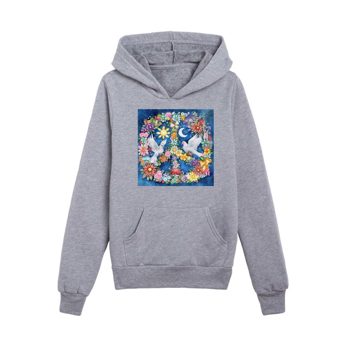 Watercolor Floral PEACE Sign illustration Kids Pullover Hoodie