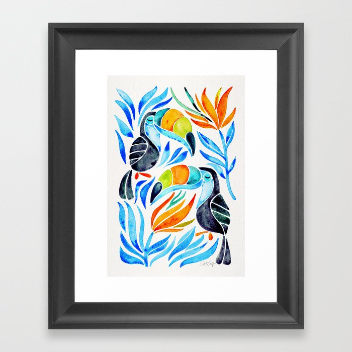 Tropical Toucans – Blue Leaves Framed Art Print