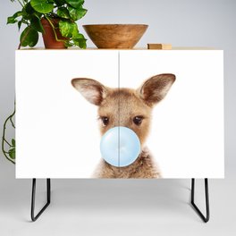 Baby Kangaroo Blowing Blue Bubble Gum, Baby Boy, Kids, Nursery, Baby Animals Art Print by Synplus Credenza