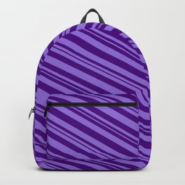 [ Thumbnail: Purple and Indigo Colored Lined/Striped Pattern Backpack ]