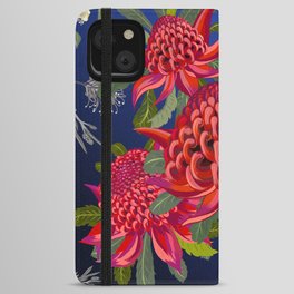 Waratah on blue Australian native botanicals, flannel flowers, eucalyptus iPhone Wallet Case