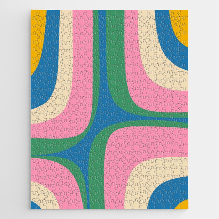 Retro Groove Colorful Minimalist Pink Blue Green Mustard Rainbow Pop Pattern Jigsaw Puzzle