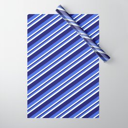 [ Thumbnail: Royal Blue, Mint Cream & Midnight Blue Colored Striped Pattern Wrapping Paper ]