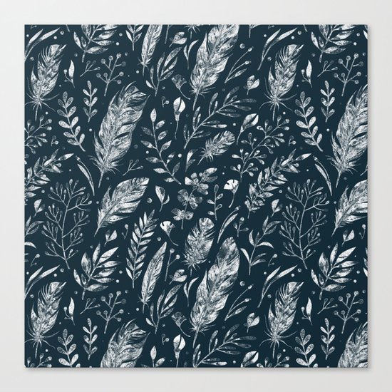 Feathers And Leaves Abstract Pattern Black And White Canvas Print