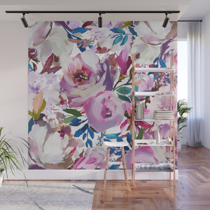 Hand painted watercolor pink white purple flowers Wall Mural